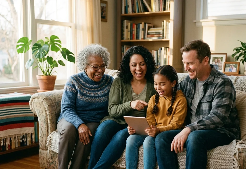 A family at home using the internet together