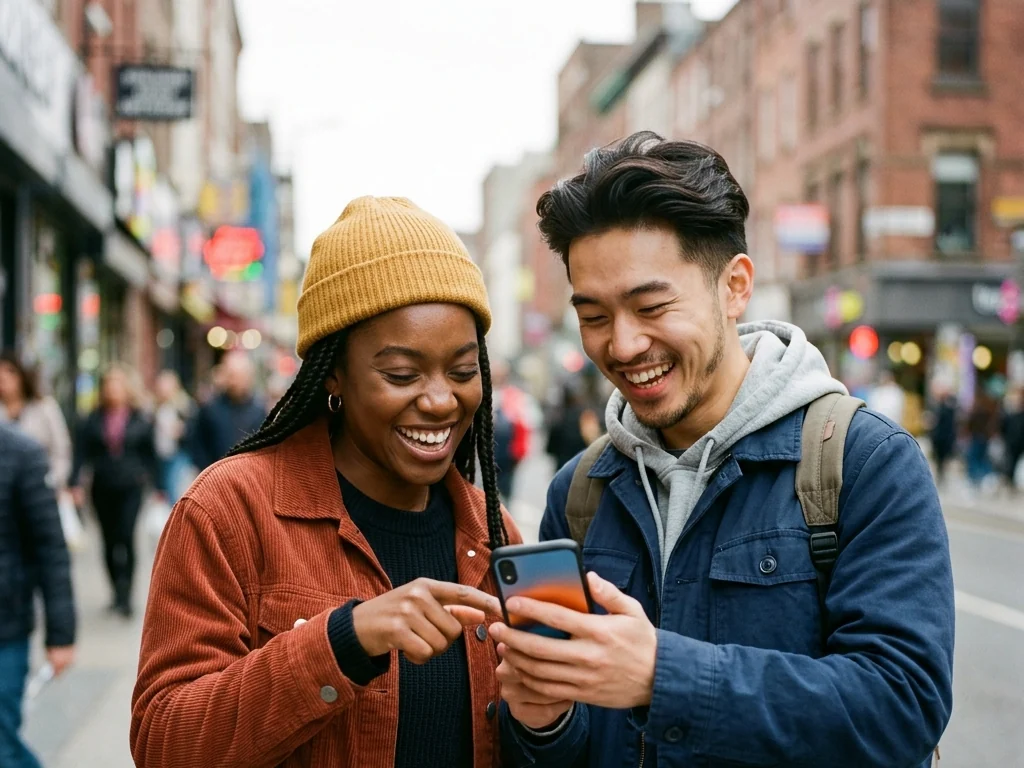 Two people looking at a mobile phone together
